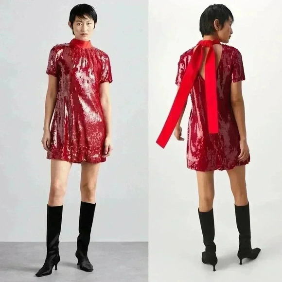 NWT STAUD Mini Ilana‎ Dress Poinsettia Sequins Size XS - Picture 3 of 13